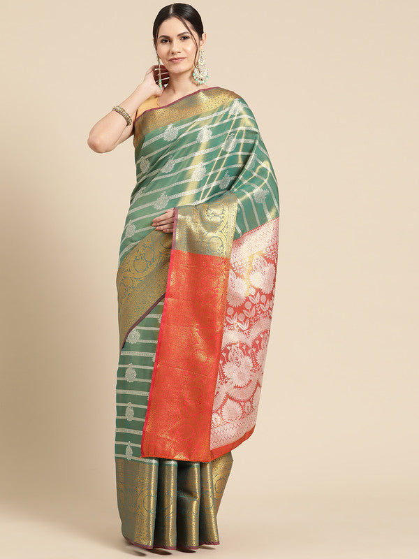 Turquoise Silk Blend Woven Zari Design Striped Saree with Unstitched Blouse - Hiral Fashion | Grocsy