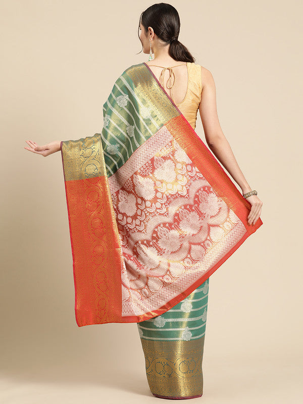 Turquoise Silk Blend Woven Zari Design Striped Saree with Unstitched Blouse - Hiral Fashion | Grocsy