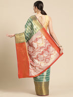 Turquoise Silk Blend Woven Zari Design Striped Saree with Unstitched Blouse - Hiral Fashion | Grocsy