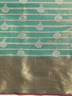 Turquoise Silk Blend Woven Zari Design Striped Saree with Unstitched Blouse - Hiral Fashion | Grocsy
