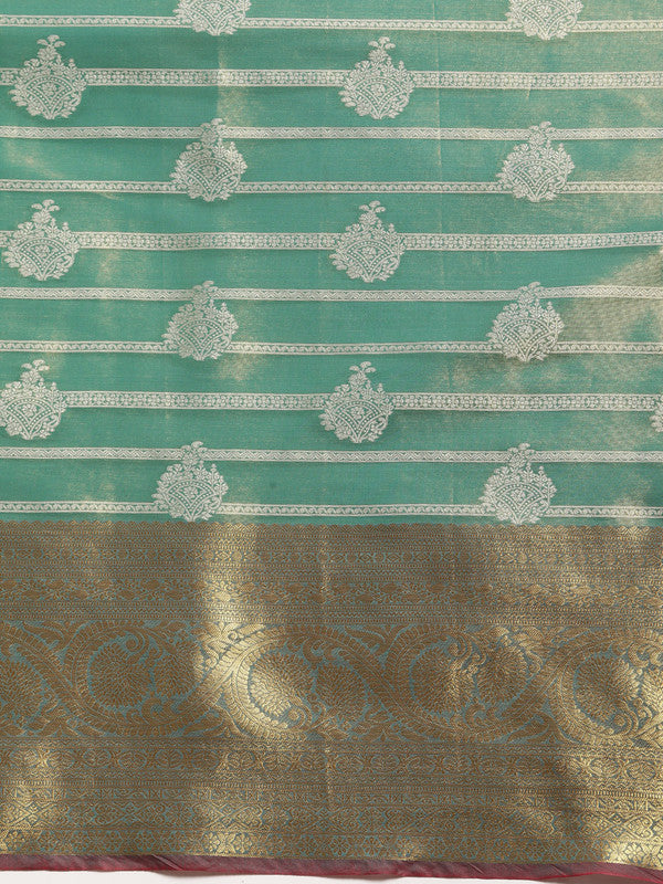 Turquoise Silk Blend Woven Zari Design Striped Saree with Unstitched Blouse - Hiral Fashion | Grocsy