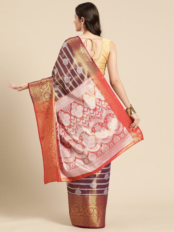 Purple Silk Blend Woven Zari Design Striped Saree with Unstitched Blouse - Hiral Fashion | Grocsy