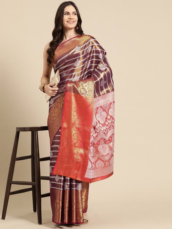 Purple Silk Blend Woven Zari Design Striped Saree with Unstitched Blouse - Hiral Fashion | Grocsy