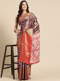 Purple Silk Blend Woven Zari Design Striped Saree with Unstitched Blouse - Hiral Fashion | Grocsy