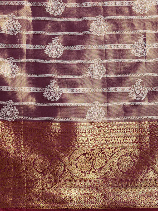 Purple Silk Blend Woven Zari Design Striped Saree with Unstitched Blouse - Hiral Fashion | Grocsy