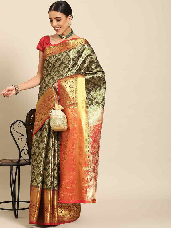 Black Art Silk Woven Zari Design Floral Saree with Unstitched Blouse - Hiral Fashion | Grocsy