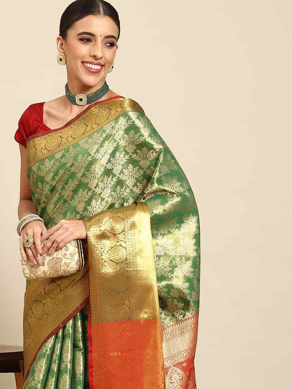 Green Art Silk Woven Zari Design Floral Saree with Unstitched Blouse - Hiral Fashion | Grocsy
