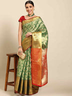 Green Art Silk Woven Zari Design Floral Saree with Unstitched Blouse - Hiral Fashion | Grocsy