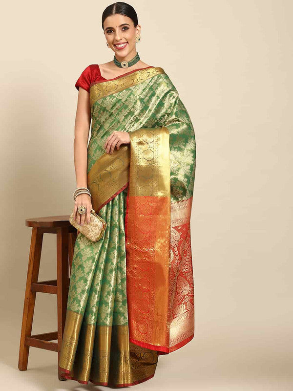 Green Art Silk Woven Zari Design Floral Saree with Unstitched Blouse - Hiral Fashion | Grocsy