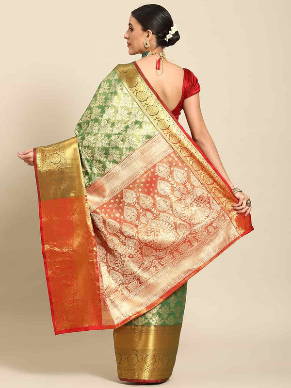 Green Art Silk Woven Zari Design Floral Saree with Unstitched Blouse - Hiral Fashion | Grocsy