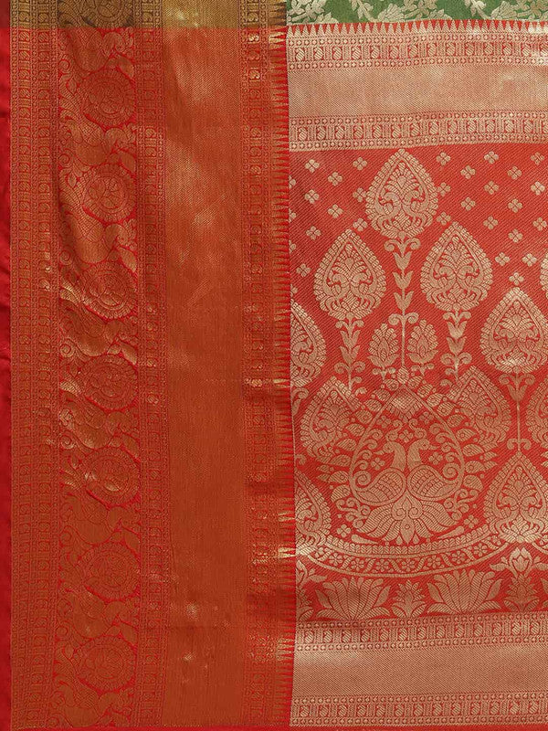 Green Art Silk Woven Zari Design Floral Saree with Unstitched Blouse - Hiral Fashion | Grocsy