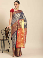 Navy Blue Art Silk Woven Zari Design Floral Saree with Unstitched Blouse - Hiral Fashion | Grocsy