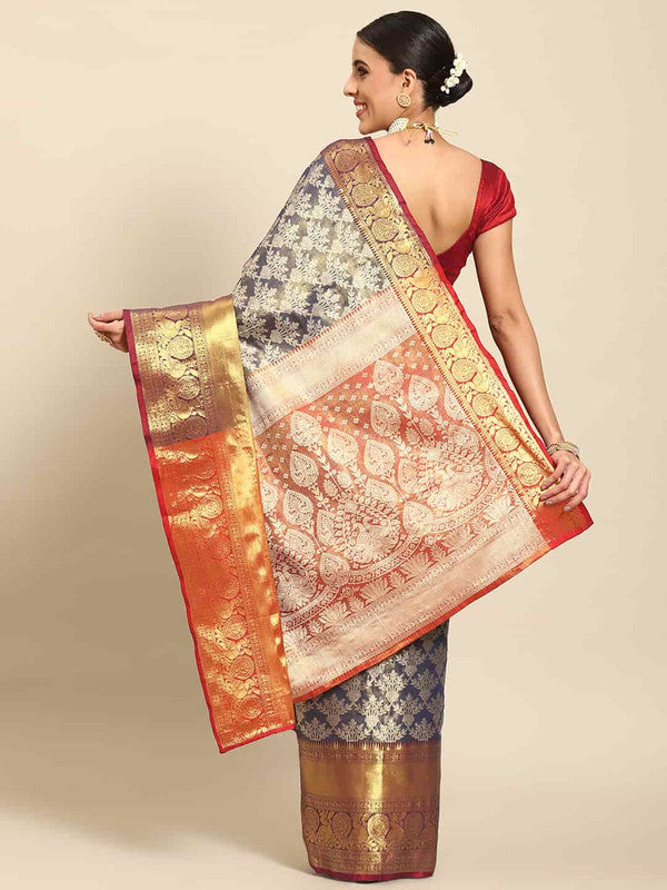 Navy Blue Art Silk Woven Zari Design Floral Saree with Unstitched Blouse - Hiral Fashion | Grocsy