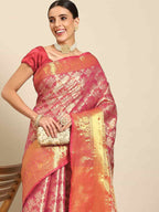 Pink Art Silk Woven Zari Design Floral Saree with Unstitched Blouse - Hiral Fashion | Grocsy
