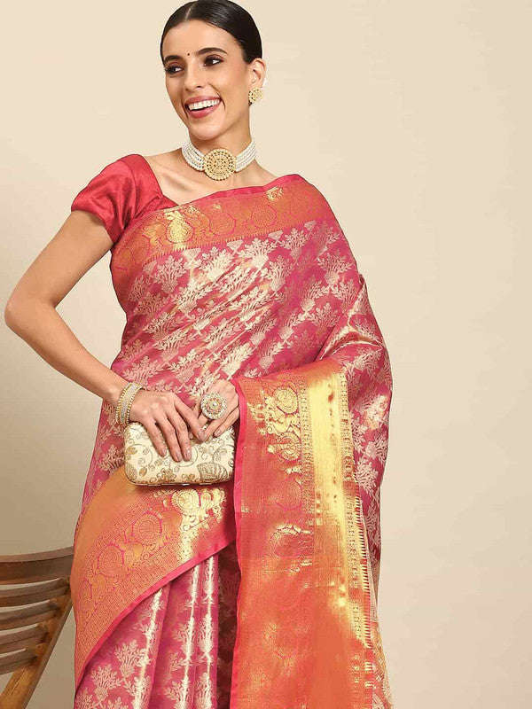 Pink Art Silk Woven Zari Design Floral Saree with Unstitched Blouse - Hiral Fashion | Grocsy