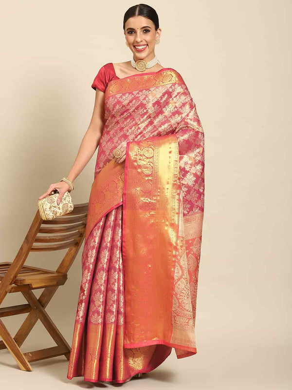 Pink Art Silk Woven Zari Design Floral Saree with Unstitched Blouse - Hiral Fashion | Grocsy
