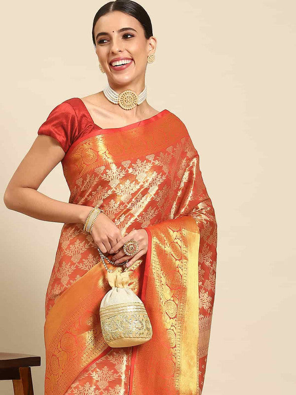 Red Art Silk Woven Zari Design Floral Saree with Unstitched Blouse - Hiral Fashion | Grocsy