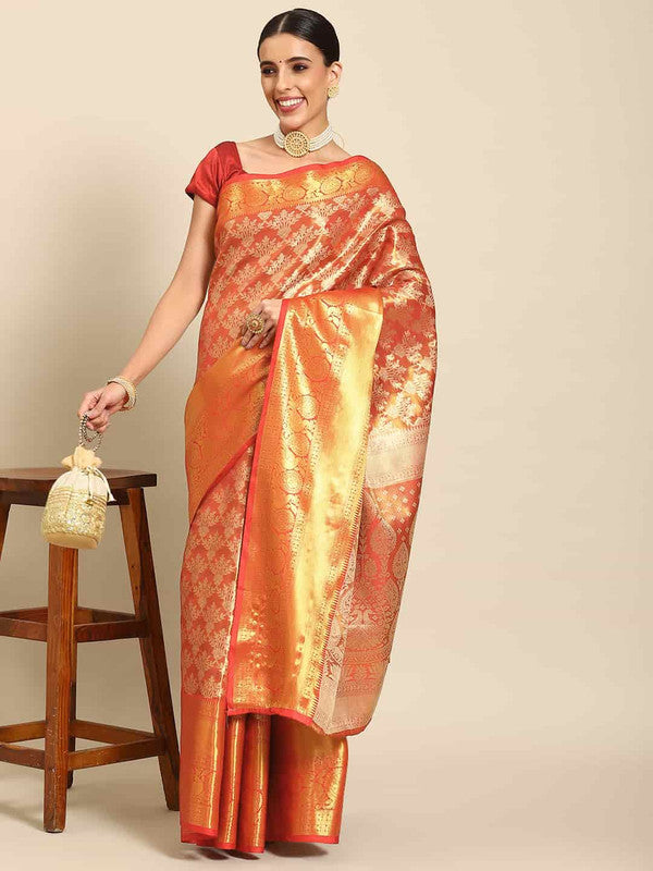 Red Art Silk Woven Zari Design Floral Saree with Unstitched Blouse - Hiral Fashion | Grocsy