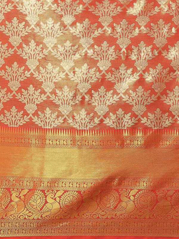 Red Art Silk Woven Zari Design Floral Saree with Unstitched Blouse - Hiral Fashion | Grocsy