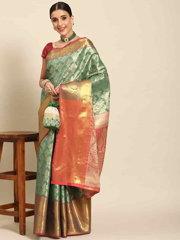 Turquoise Art Silk Woven Zari Design Floral Saree with Unstitched Blouse - Hiral Fashion | Grocsy