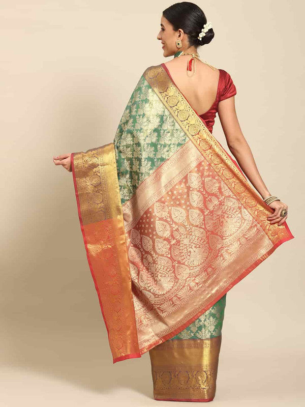 Turquoise Art Silk Woven Zari Design Floral Saree with Unstitched Blouse - Hiral Fashion | Grocsy