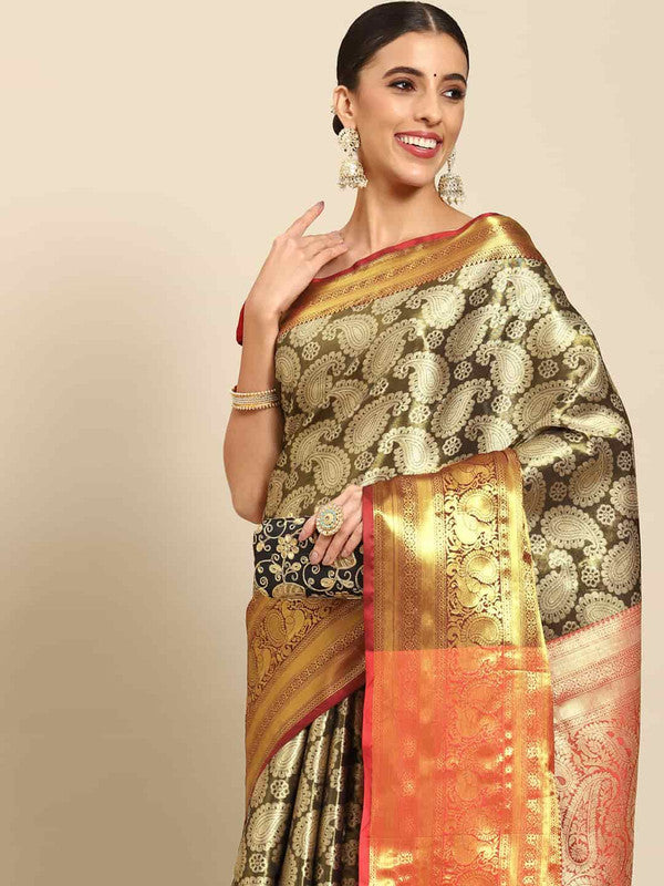 Black Art Silk Woven Zari Design Floral Saree with Unstitched Blouse - Hiral Fashion | Grocsy