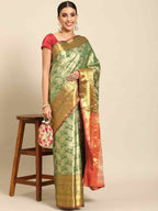 Green Art Silk Woven Zari Design Floral Saree with Unstitched Blouse - Hiral Fashion | Grocsy