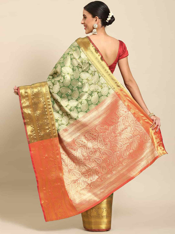 Green Art Silk Woven Zari Design Floral Saree with Unstitched Blouse - Hiral Fashion | Grocsy