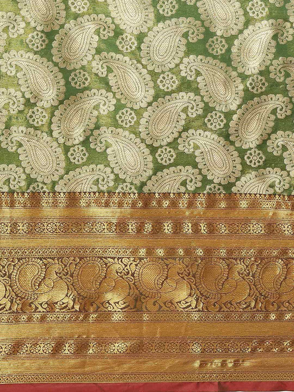 Green Art Silk Woven Zari Design Floral Saree with Unstitched Blouse - Hiral Fashion | Grocsy