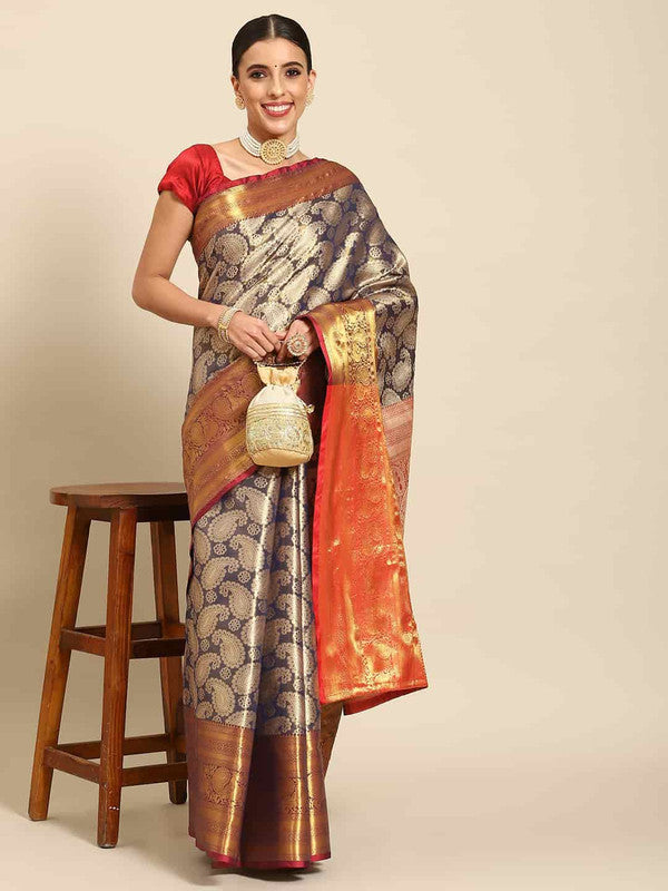 Navy Blue Art Silk Woven Zari Design Floral Saree with Unstitched Blouse - Hiral Fashion | Grocsy