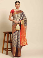 Navy Blue Art Silk Woven Zari Design Floral Saree with Unstitched Blouse - Hiral Fashion | Grocsy