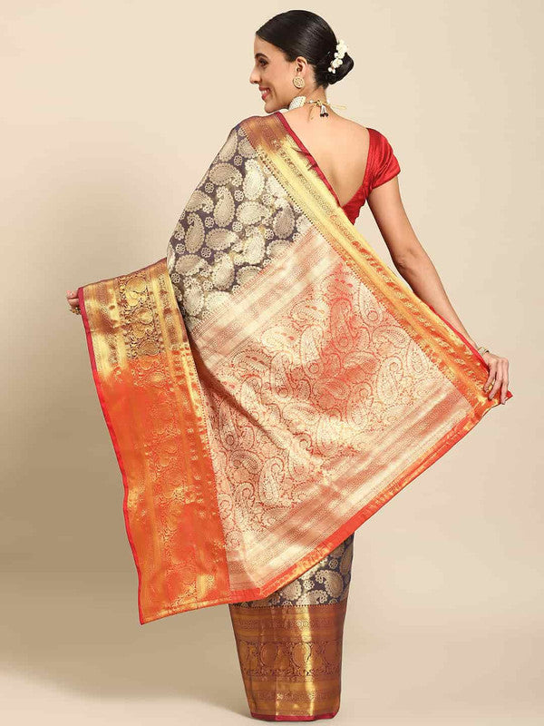 Navy Blue Art Silk Woven Zari Design Floral Saree with Unstitched Blouse - Hiral Fashion | Grocsy