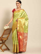 Green Art Silk Woven Zari Design Floral Saree with Unstitched Blouse - Hiral Fashion | Grocsy