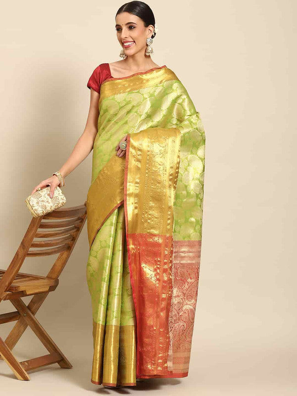 Green Art Silk Woven Zari Design Floral Saree with Unstitched Blouse - Hiral Fashion | Grocsy