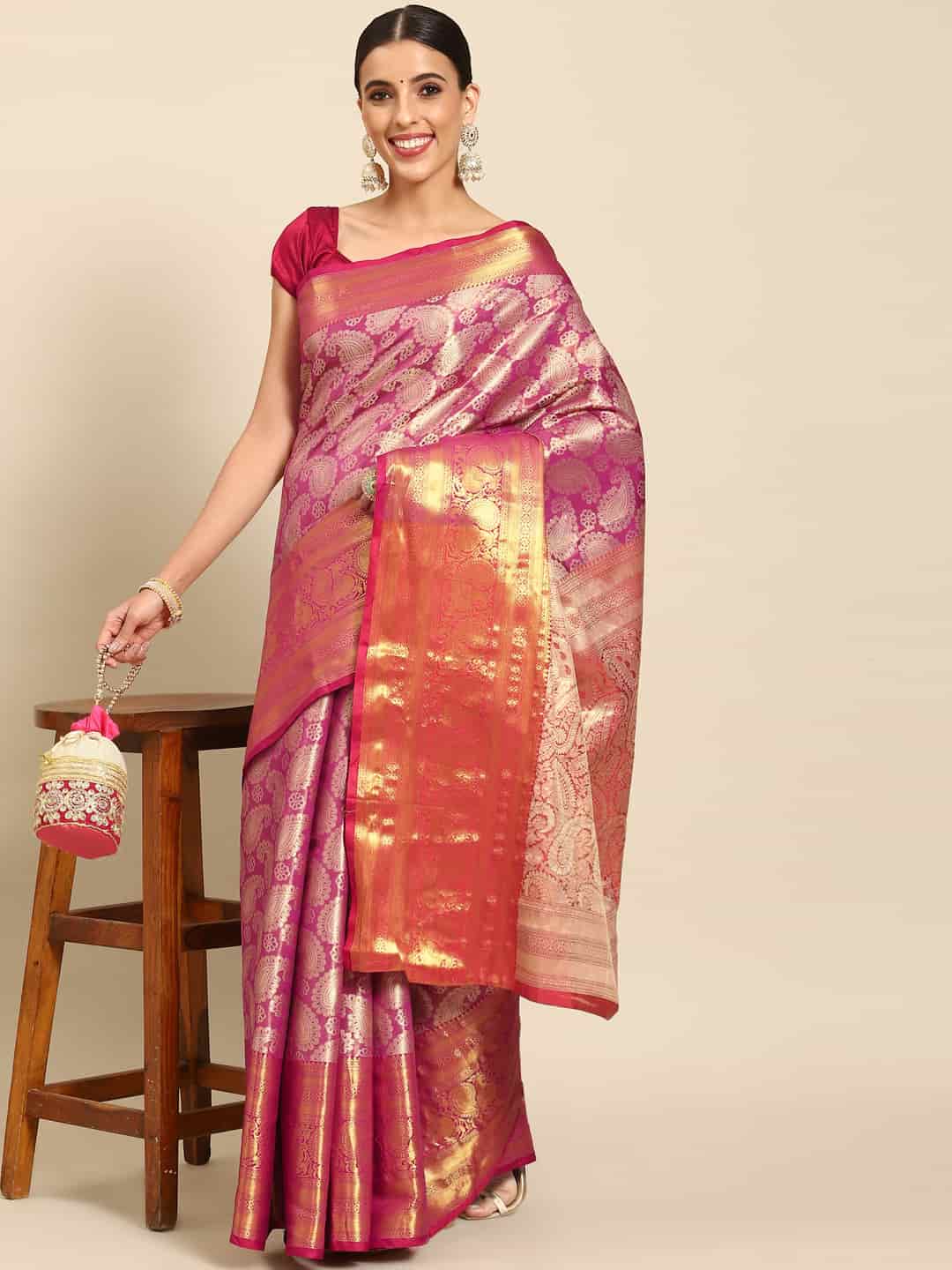 Pink Art Silk Woven Zari Design Floral Saree with Unstitched Blouse - Hiral Fashion | Grocsy