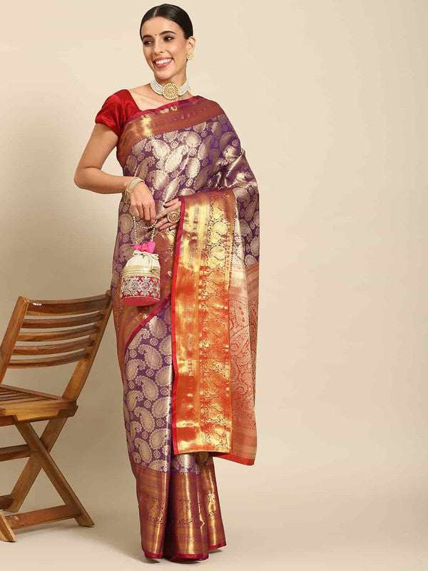 Purple Art Silk Woven Zari Design Floral Saree with Unstitched Blouse - Hiral Fashion | Grocsy