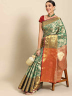 Turquoise Art Silk Woven Zari Design Floral Saree with Unstitched Blouse - Hiral Fashion | Grocsy