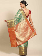 Turquoise Art Silk Woven Zari Design Floral Saree with Unstitched Blouse - Hiral Fashion | Grocsy