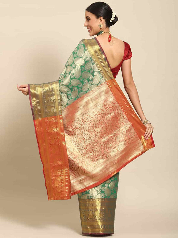 Turquoise Art Silk Woven Zari Design Floral Saree with Unstitched Blouse - Hiral Fashion | Grocsy