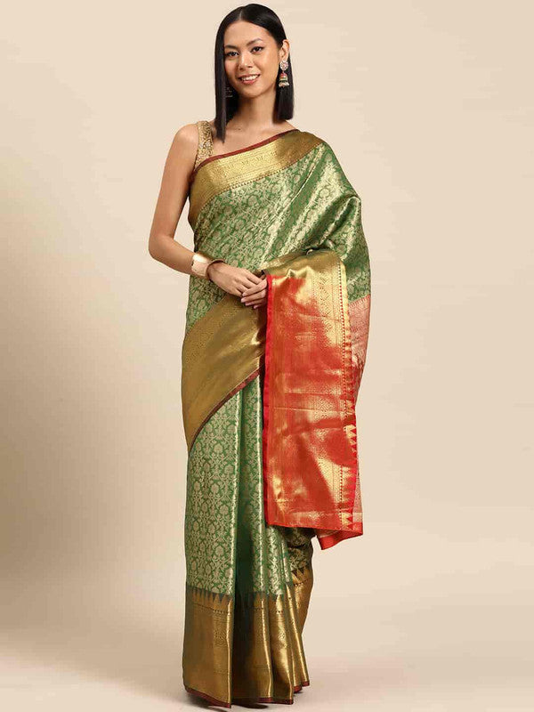 Green Brocade Woven Zari Design Ethnic Motifs Saree with Unstitched Blouse - Hiral Fashion | Grocsy