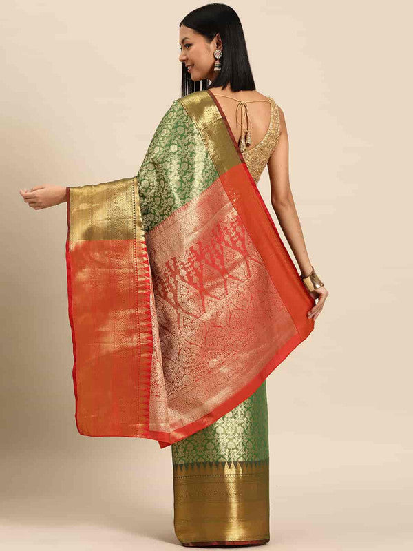 Green Brocade Woven Zari Design Ethnic Motifs Saree with Unstitched Blouse - Hiral Fashion | Grocsy