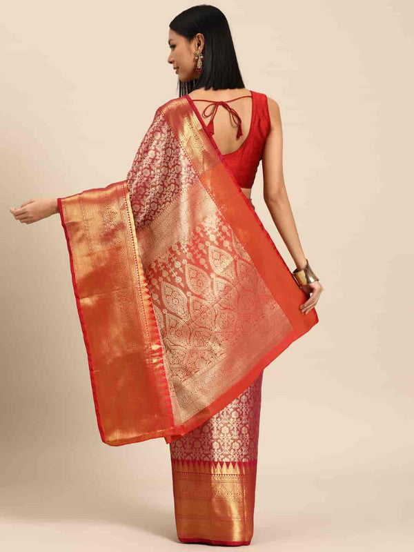 Pink Brocade Woven Zari Design Ethnic Motifs Saree with Unstitched Blouse - Hiral Fashion | Grocsy
