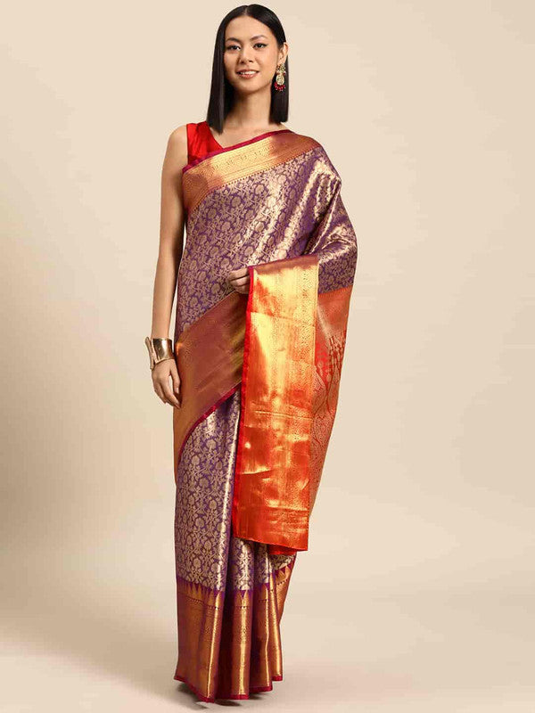 Purple Brocade Woven Zari Design Ethnic Motifs Saree with Unstitched Blouse - Hiral Fashion | Grocsy