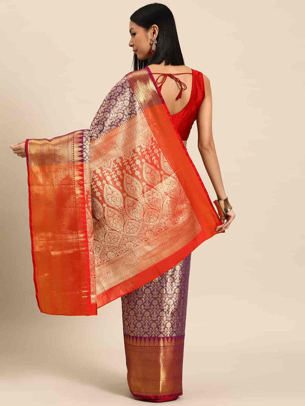Purple Brocade Woven Zari Design Ethnic Motifs Saree with Unstitched Blouse - Hiral Fashion | Grocsy