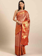 Red Brocade Woven Zari Design Ethnic Motifs Saree with Unstitched Blouse - Hiral Fashion | Grocsy