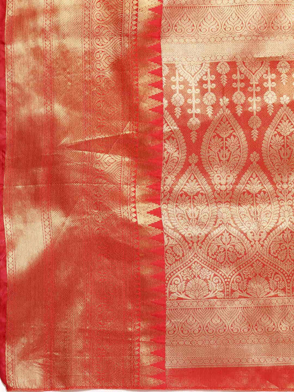 Red Brocade Woven Zari Design Ethnic Motifs Saree with Unstitched Blouse - Hiral Fashion | Grocsy