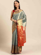 Turquoise Brocade Woven Zari Design Ethnic Motifs Saree with Unstitched Blouse - Hiral Fashion | Grocsy