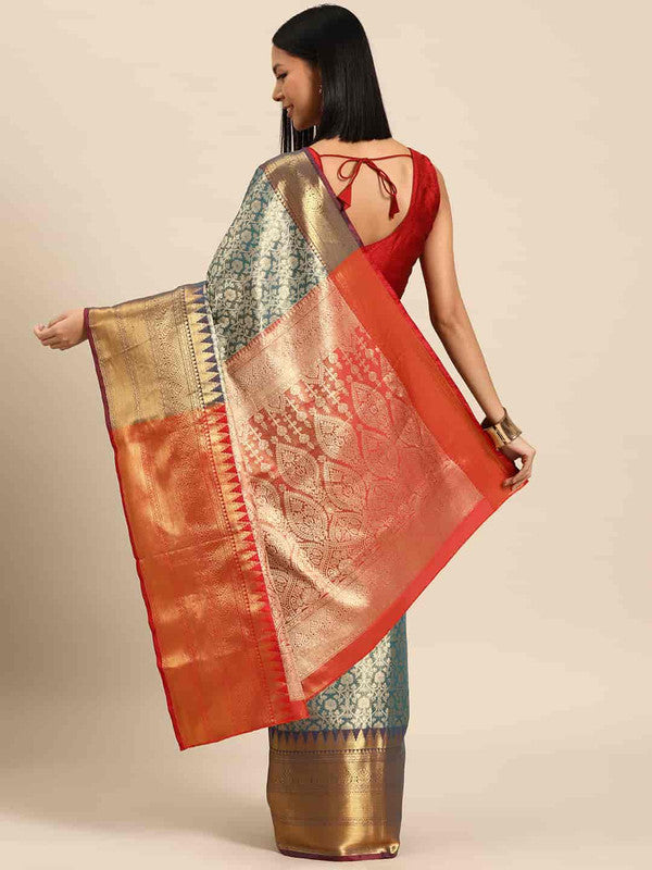 Turquoise Brocade Woven Zari Design Ethnic Motifs Saree with Unstitched Blouse - Hiral Fashion | Grocsy