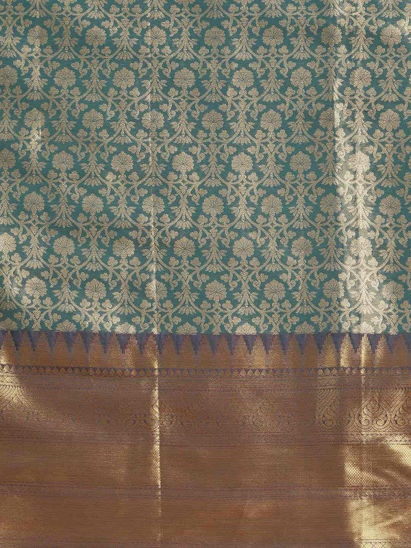 Turquoise Brocade Woven Zari Design Ethnic Motifs Saree with Unstitched Blouse - Hiral Fashion | Grocsy