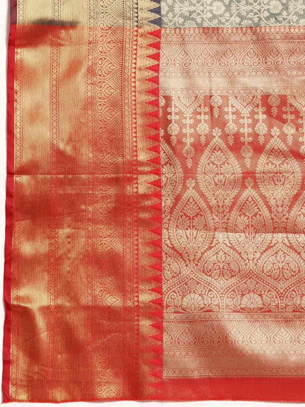 Turquoise Brocade Woven Zari Design Ethnic Motifs Saree with Unstitched Blouse - Hiral Fashion | Grocsy
